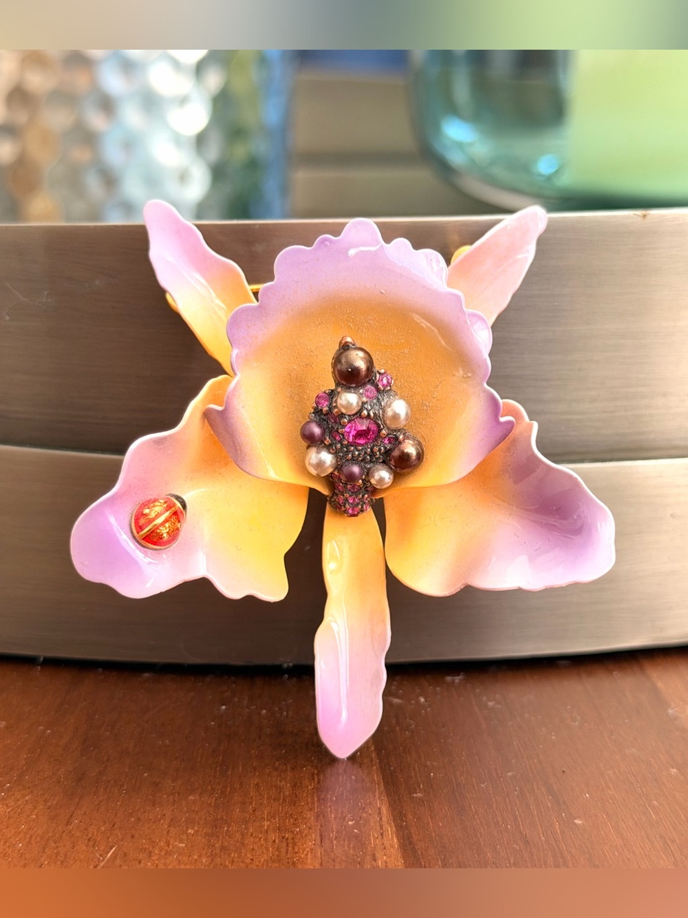 Vintage Joan Rivers Orchid Flower Brooch Ladybug Rhinestone Pearl Statement Pin